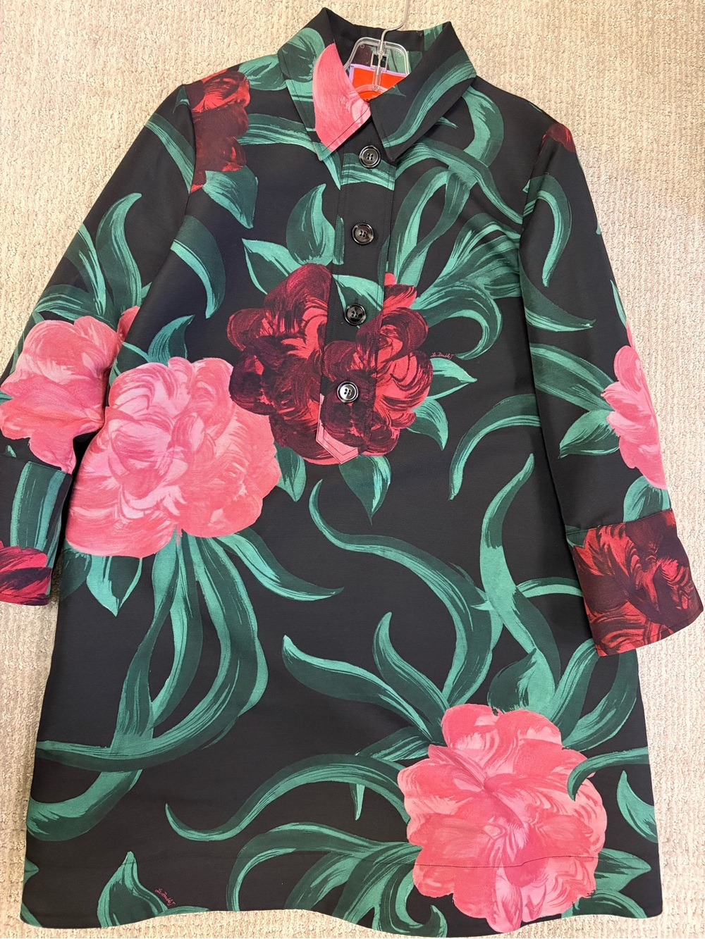 LA DoubleJ Black Mini Dress with Pink & Green Floral Print